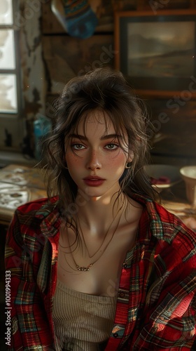 Free Download Portrait of a Woman in a Red Plaid Shirt - GFXLoad