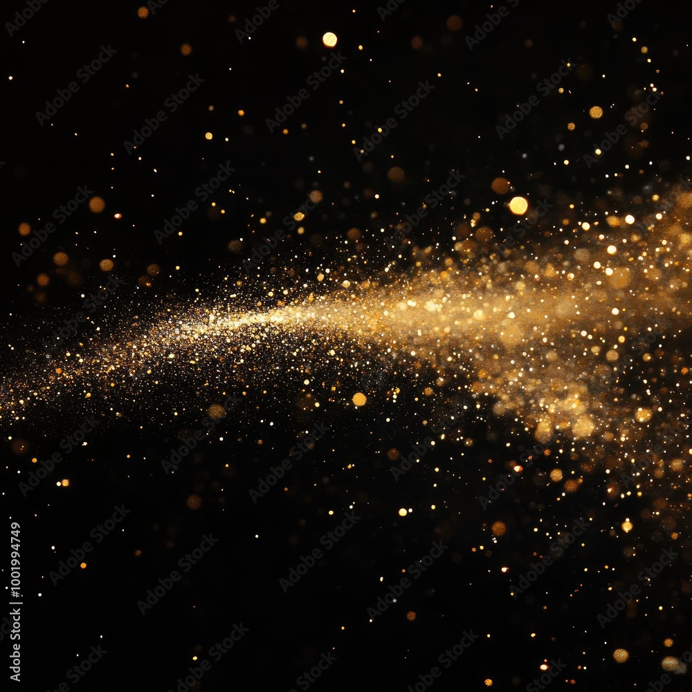 Fototapeta premium golden glitters flying in black space, ending with