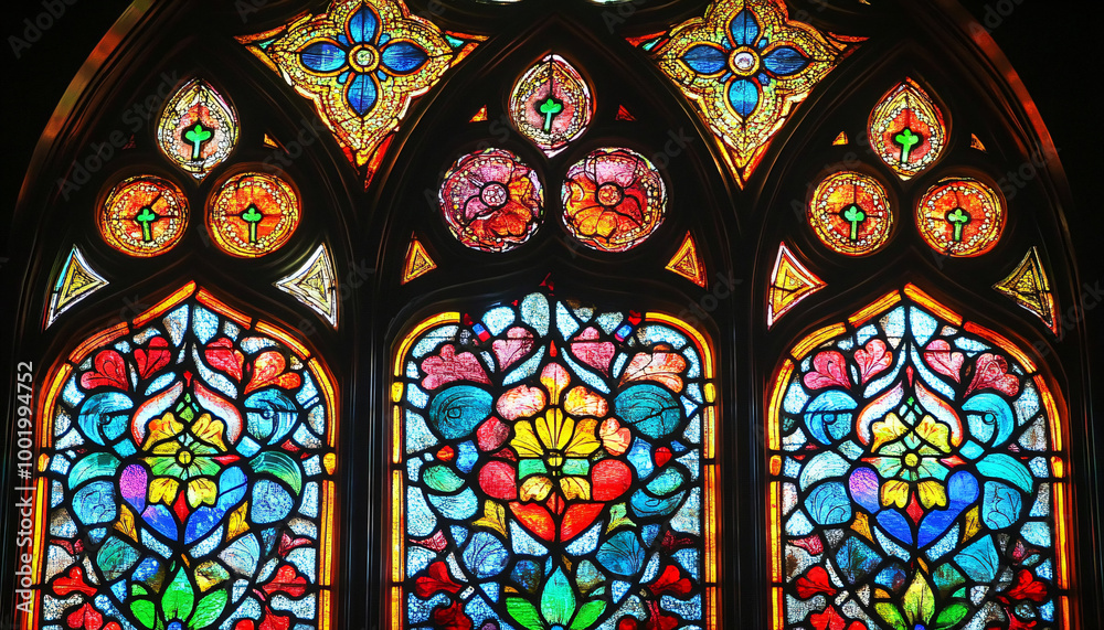 A vibrant stained glass design with intricate patterns and rich colors, resembling classic church or cathedral windows A vibrant stained glass design with intricate patterns and rich colors, resembling classic church or cathedral windows