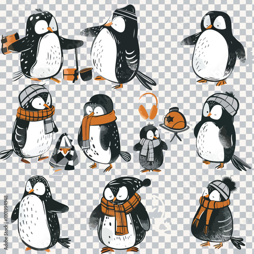 Penguin doodle set. Collection of funny hand drawn cute penguins