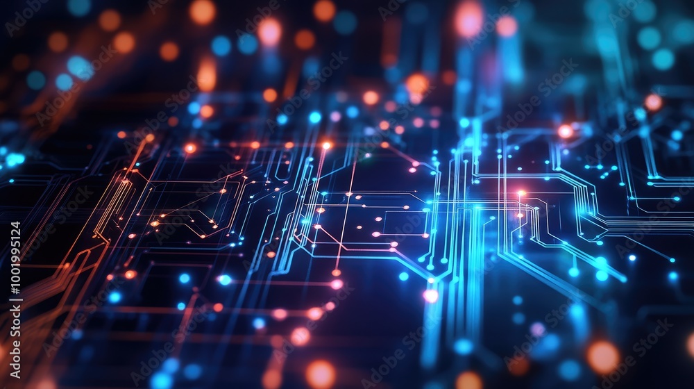Circuit board design with nodes and connections, showcasing the interconnected nature of digital systems. Circuit board design with nodes and connections, showcasing the interconnected nature of digital systems.