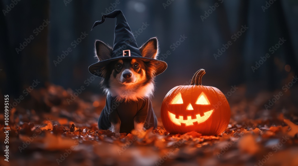 Naklejka premium Adorable dog in witch hat beside a glowing pumpkin