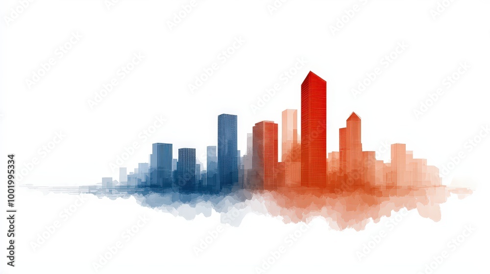 Fototapeta premium Futuristic City Skyline Watercolor Illustration Modern Architecture Urban Design Skysc