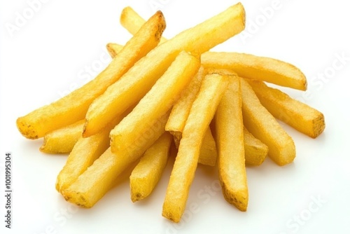 A handful of French fries, isolated on white, with sharp details of their crispy edges