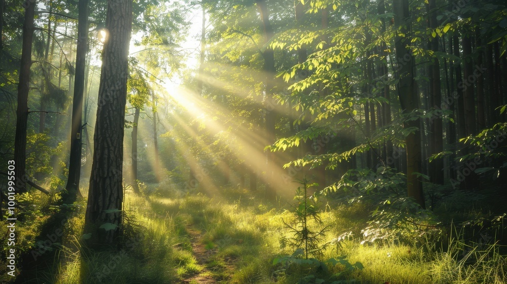 Obraz premium Sunlight Filtering Through Lush Green Forest