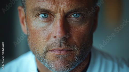 A serious man with blue eyes gazes intensely, highlighting details of his facial features in a soft-lit environment