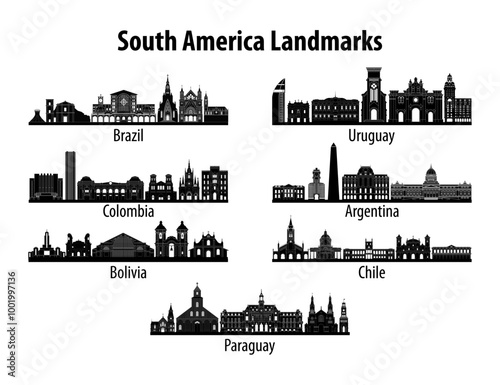 set of South America famous landmark silhouette style,vector illustration