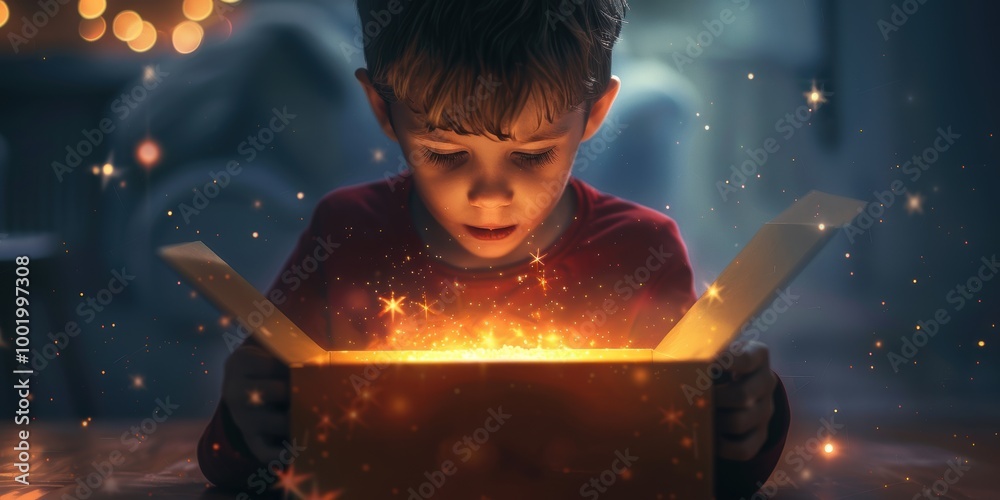 Fototapeta premium Boy Opening a Magical Gift Box