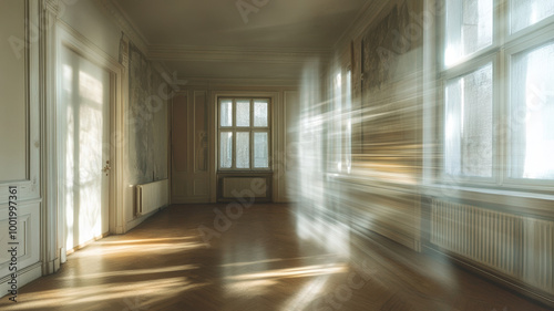 Sunlit Empty Room with Hardwood Floors and Large Windows, Bright Interior with Classic Molding, Ethereal Light and Shadows, Vintage Apartment Space