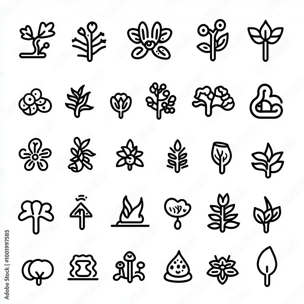 A collection of unique floral and botanical line icons, perfect for design projects and nature-themed illustrations. A collection of unique floral and botanical line icons, perfect for design projects and nature-themed illustrations.