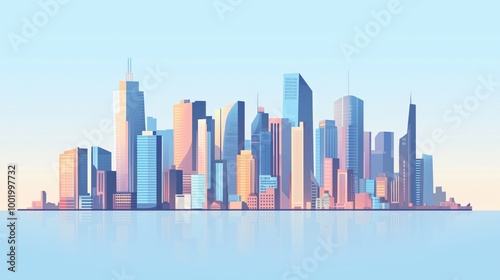 Vector art of a modern city skyline on a blue background