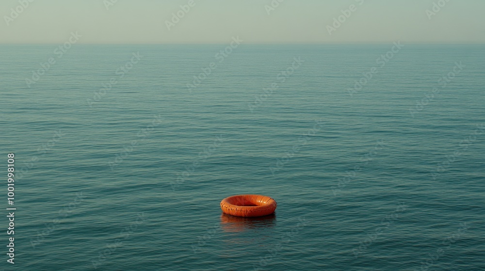 A solitary orange life buoy floating on calm ocean waters under a clear sky. A solitary orange life buoy floating on calm ocean waters under a clear sky.