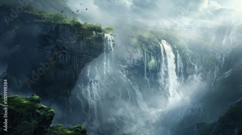 Majestic Waterfall Surrounded by Lush Greenery