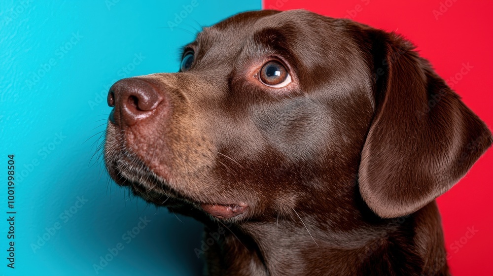 Close up Portrait of Curious Chocolate Labrador Retriever Dog with Blue and Red Background Close up Portrait of Curious Chocolate Labrador Retriever Dog with Blue and Red Background