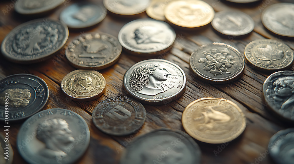 A collection of ancient coins and historical currency laid out on a rustic wooden table, representing wealth through the ages. A collection of ancient coins and historical currency laid out on a rustic wooden table, representing wealth through the ages.