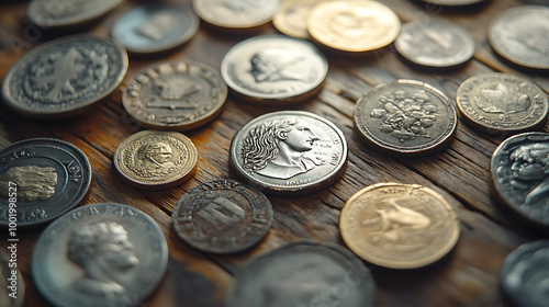 A collection of ancient coins and historical currency laid out on a rustic wooden table, representing wealth through the ages.  photo