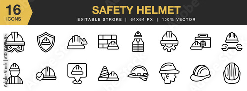 Safety Helmet icon set. Editable Stroke Icon Collection. Includes Safety Helmet Icons, and More. Outline icons vector collection.