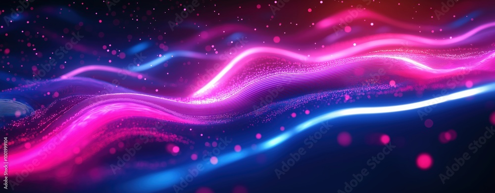 Obraz premium Data transfer, neon pink and blue wave lines flow rapidly across a dark futuristic background