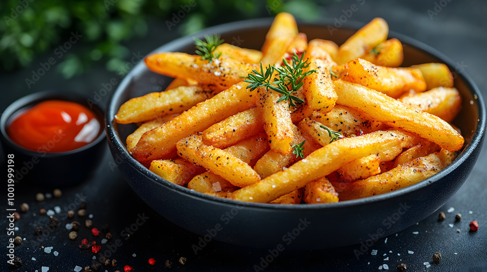 Crispy Fries in a Pan with Spices and Oil on a Dark Background, Highlighting Comfort Food with a Rich, Flavorful Atmosphere
Crispy Fries in a Pan with Spices and Oil on a Dark Background, Highlighting Comfort Food with a Rich, Flavorful Atmosphere