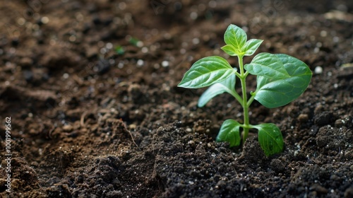 Fresh Green Seedling Emerging from Rich Soil