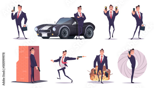 Cartoon elegant secret agent. Charming handsome spy character.