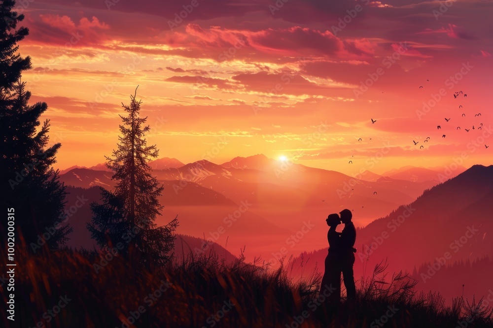 Fototapeta premium Silhouette Couple in Love. Sunset Wedding in the Mountains