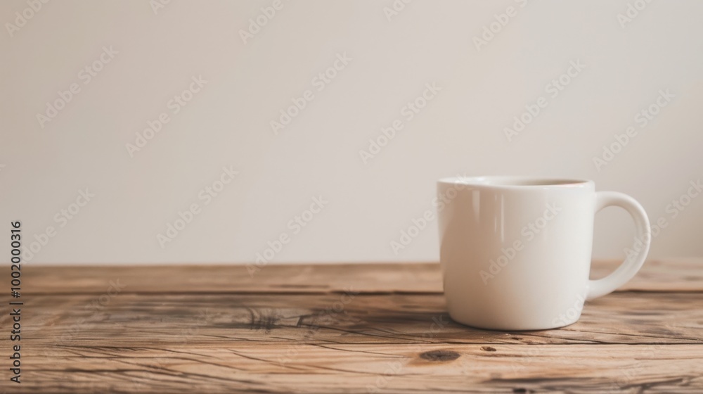 Simple White Coffee Mug on Wooden Table Simple White Coffee Mug on Wooden Table