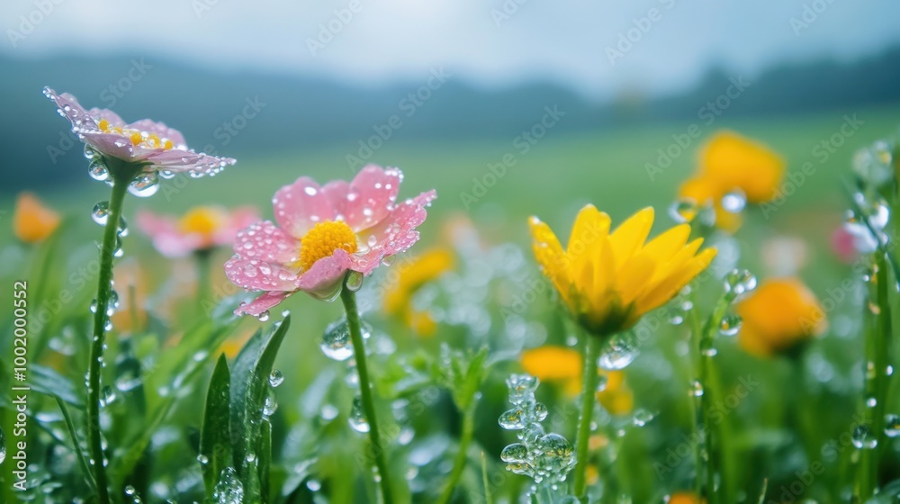 Obraz premium Blooming flowers covered in water droplets, with a lush field stretching out behind, offering space for text.