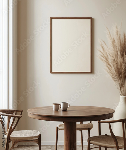 A minimalist dining room with a round table, chairs, and an empty poster frame above. Light beige tones, wood furniture, pampas grass vases, and a coffee cup add a cozy touch.
