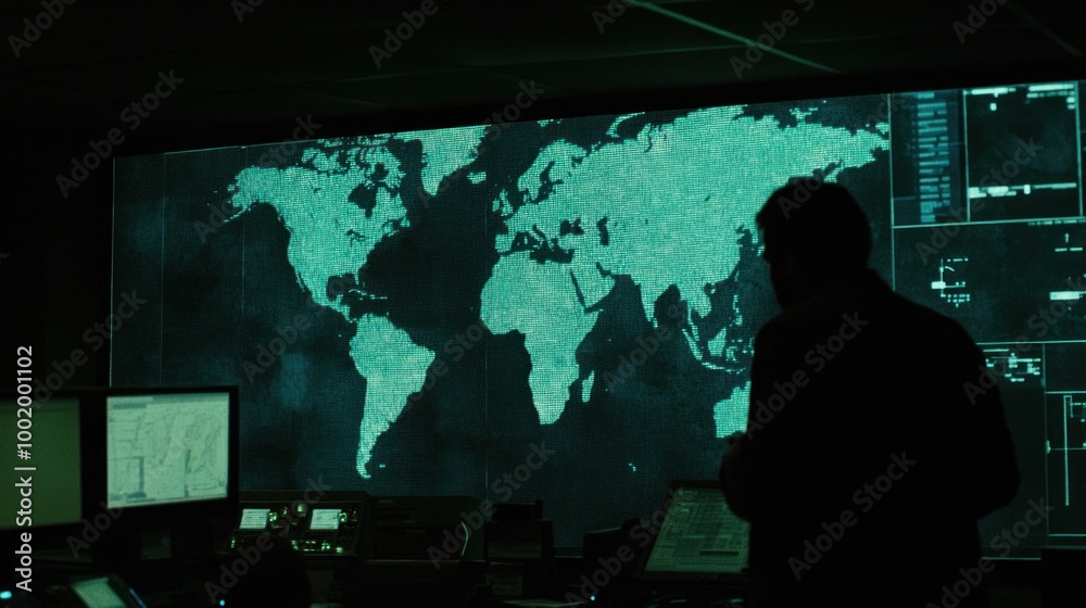 A man stands in front of a large screen displaying a world map with data points and lines. A man stands in front of a large screen displaying a world map with data points and lines.