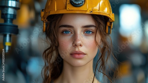 A young woman with striking blue eyes wearing a yellow hard hat stands in an industrial environment with machinery in the background