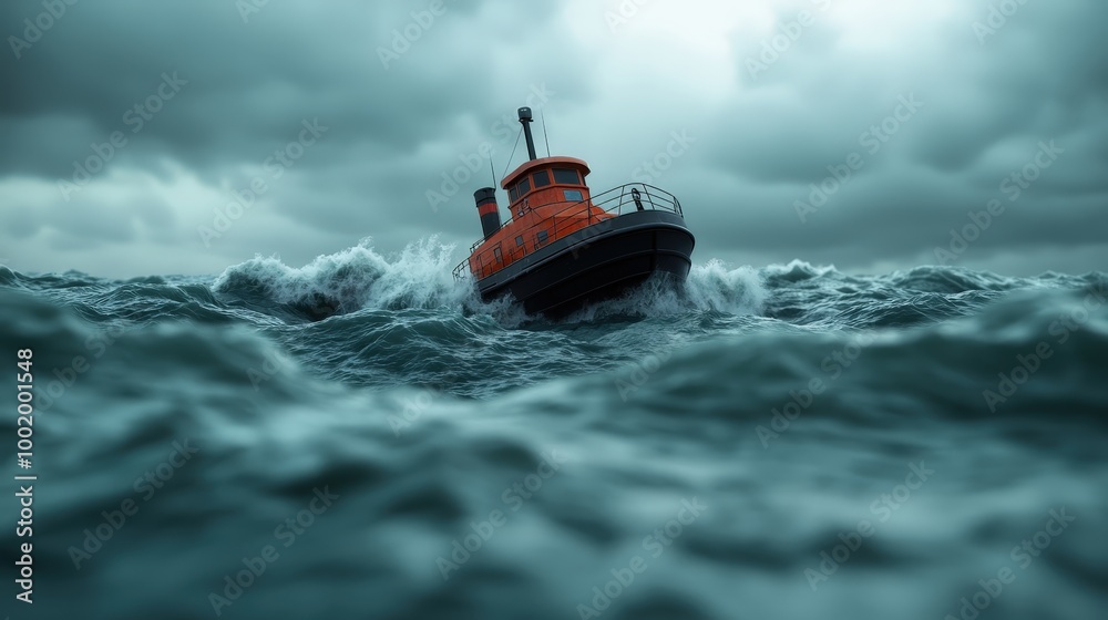 Naklejka premium Small Tugboat Braving Stormy Seas Dramatic Ocean Waves Nautical Adventure