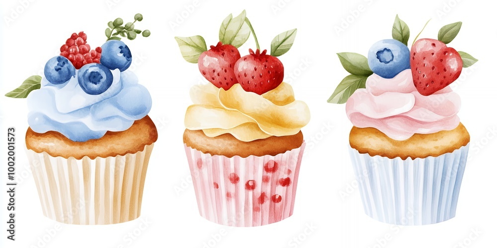 Three delicious cupcakes decorated with blueberries and strawberries. Three delicious cupcakes decorated with blueberries and strawberries.
