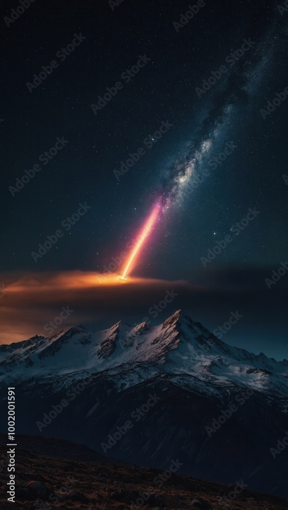 Comet streaking at night next to daytime mountain scene Comet streaking at night next to daytime mountain scene