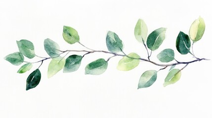 Elegant watercolor depiction of plant with green leaves on a branch, minimalist white