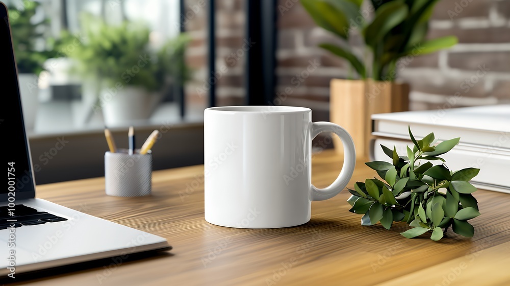 A white mug sits on a wooden desk in a modern office setting. The desk is tidy and has a laptop, pencils, and a small plant. A white mug sits on a wooden desk in a modern office setting. The desk is tidy and has a laptop, pencils, and a small plant.