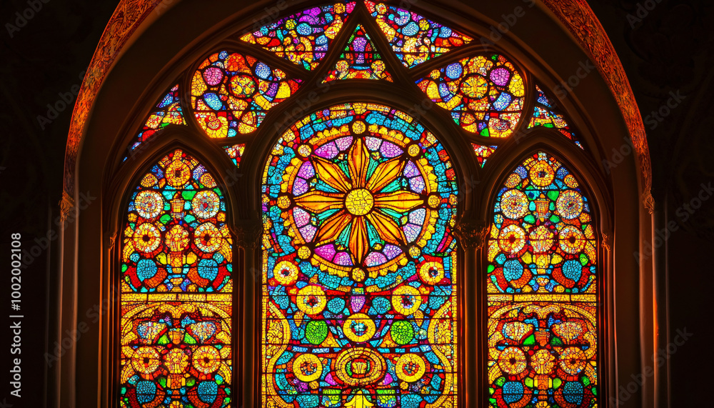 A vibrant stained glass design with intricate patterns and rich colors, resembling classic church or cathedral windows A vibrant stained glass design with intricate patterns and rich colors, resembling classic church or cathedral windows