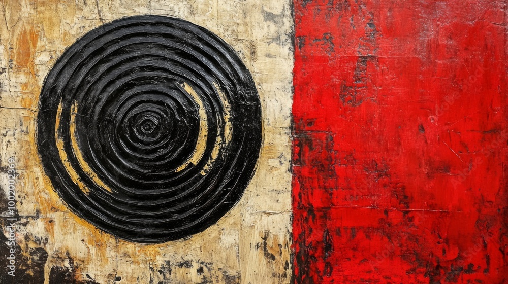 Abstract Spiral Red Black Canvas Art - a bold and eye-catching piece of abstract art featuring a black spiral with textured details, set against a striking backdrop of red and beige. Abstract Spiral Red Black Canvas Art - a bold and eye-catching piece of abstract art featuring a black spiral with textured details, set against a striking backdrop of red and beige.