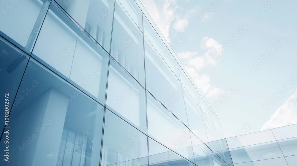 Modern Glass Facade with Clear Skies and Reflection Modern Glass Facade with Clear Skies and Reflection