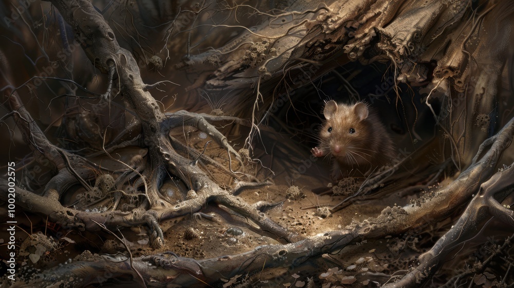 Mouse in Forest Nest with Roots and Shadows Mouse in Forest Nest with Roots and Shadows