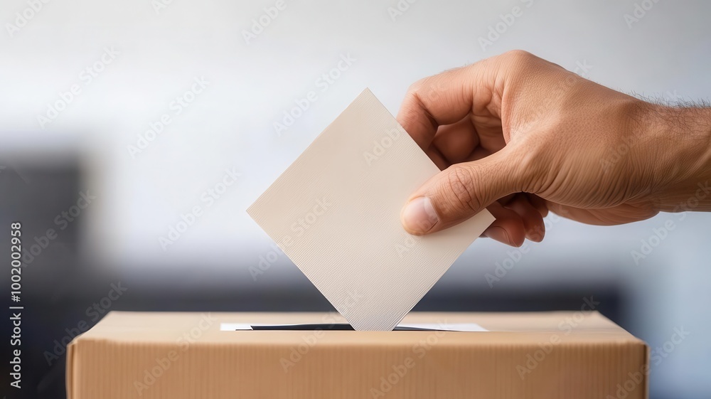 Closeup of a hand dropping a ballot into a voting box, voting, civic participation