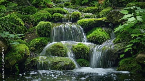 Tranquil Waterfall Surrounded by Lush Greenery
