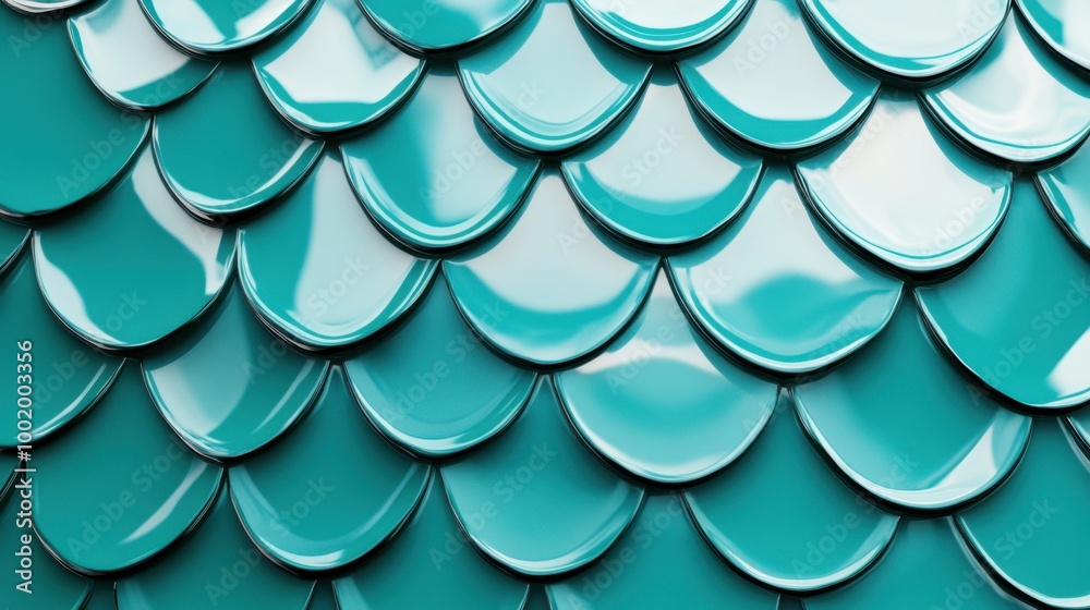 Detailed 3D render of mosaic tiles shaped like fish scales in a polished teal tone forming an elegant geometric pattern Detailed 3D render of mosaic tiles shaped like fish scales in a polished teal tone forming an elegant geometric pattern
