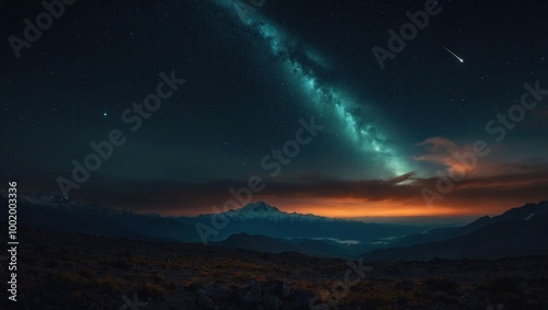 Meteor streaking through star-filled Milky Way over mountains