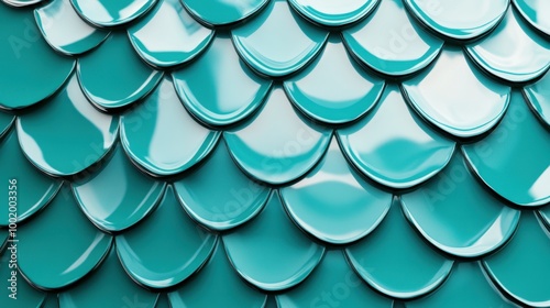 Detailed 3D render of mosaic tiles shaped like fish scales in a polished teal tone forming an elegant geometric pattern photo