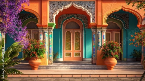 Bright and lively exterior of an Indian Haveli with detailed arches and vibrant colors, showcasing rich cultural history.