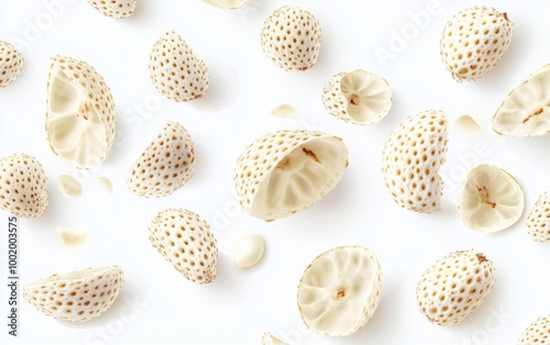 Exotic White Strawberry Halves Floating on White Background Generative AI