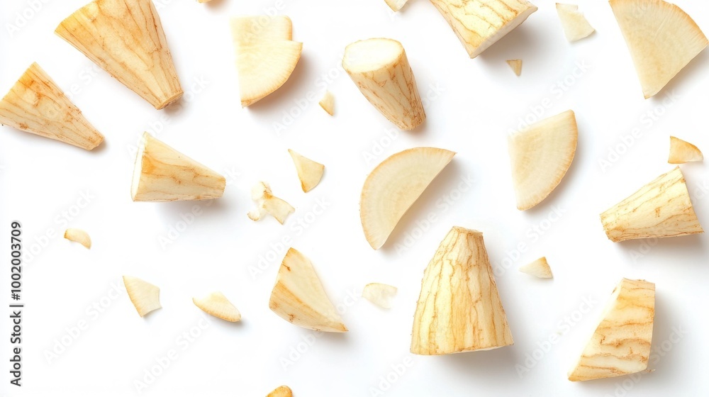 Chopped parsnip root on white background Generative AI Chopped parsnip root on white background Generative AI