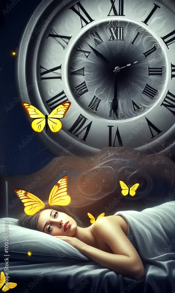 Insomnie : une femme allongée dans son lit voit les minutes défiler comme les aiguilles d'une horloge et laisse ses pensées se disperser en une nuée de papillons