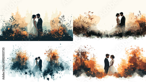 A couple is standing in a forest with trees in the background. The bride is wearing a white dress and the groom is wearing a suit